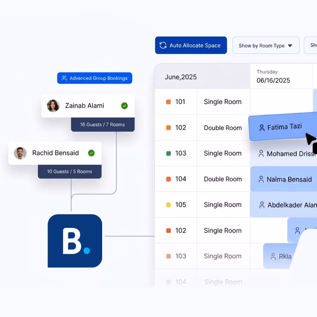 Agence Booking au Maroc — dashboard de gestion des réservations Booking.com avec allocation de chambres, group bookings et planning hôtelier