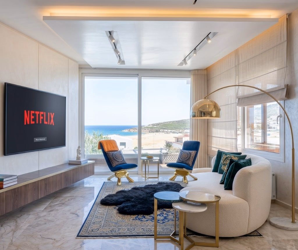 Location villa à Tanger — salon design avec Smart TV Netflix et vue mer sur la baie d'Achakar