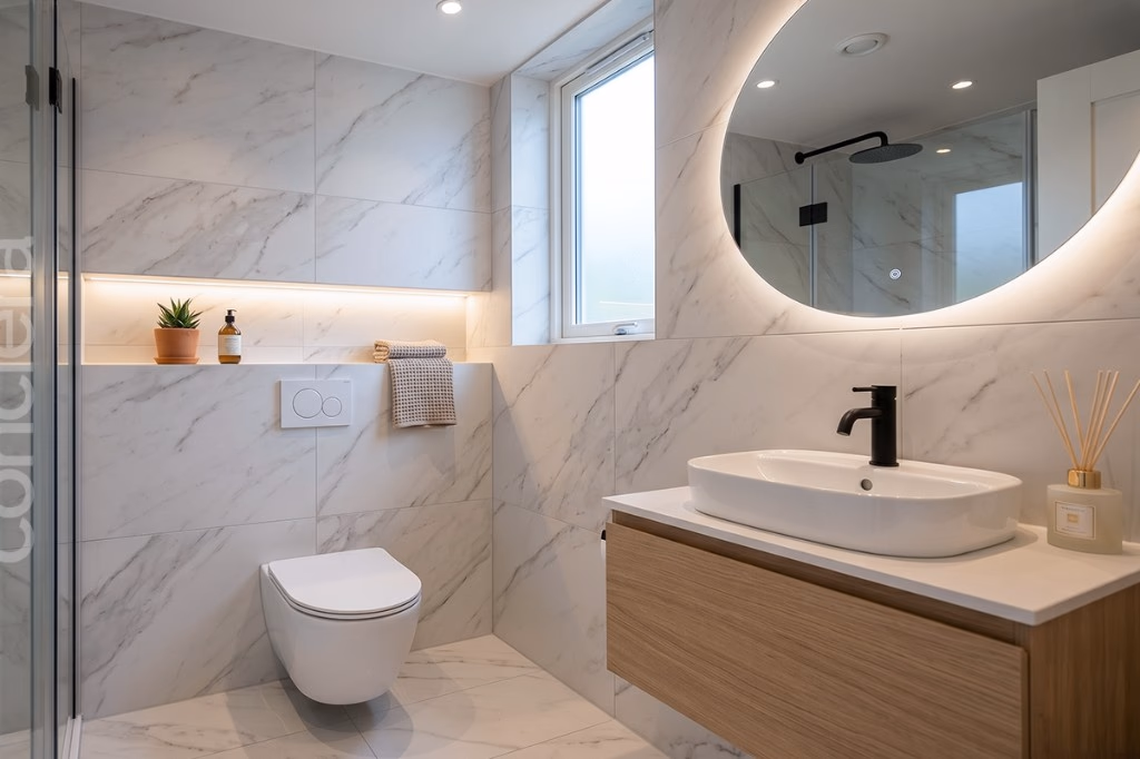 Salle de bain en marbre avec douche italienne - Malabata Hills Tanger