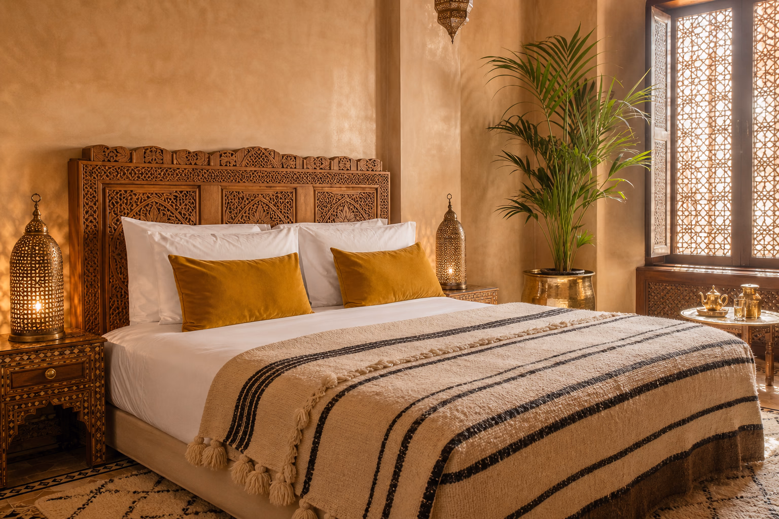 Chambre de riad — lit en cèdre sculpté, plaid berbère, lanternes en cuivre ajouré