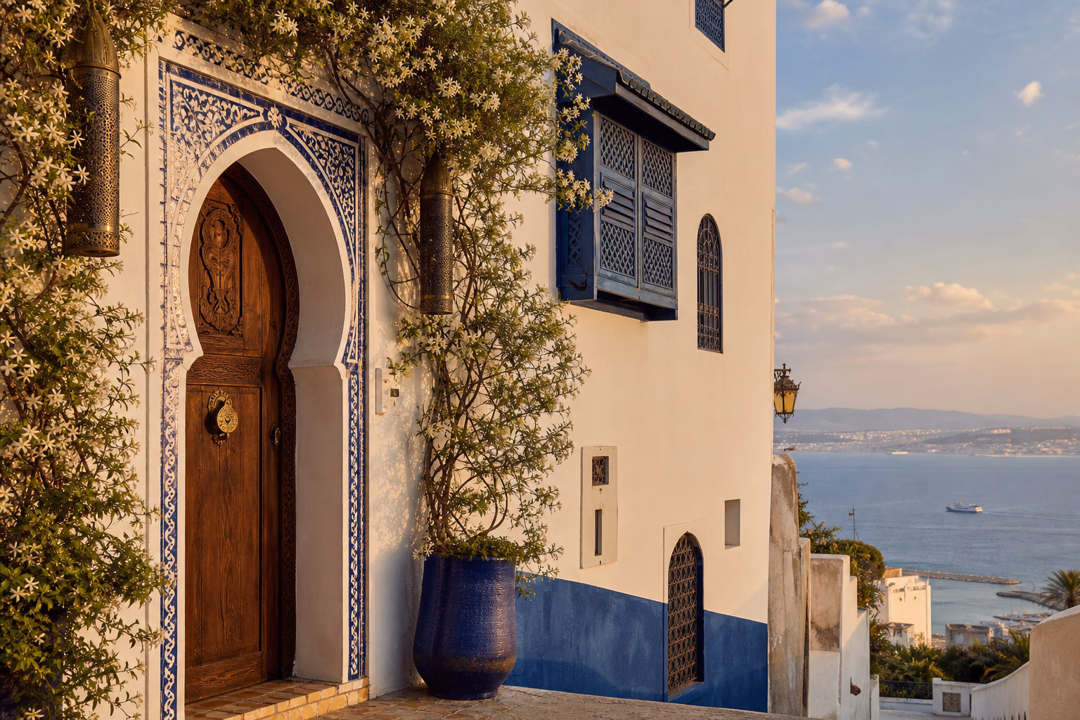 Riad boutique 4 chambres à la Kasbah de Tanger exploité par Conciera — façade en chaux blanche, accents bleu cobalt, porte en cèdre sculpté avec vue sur le détroit de Gibraltar