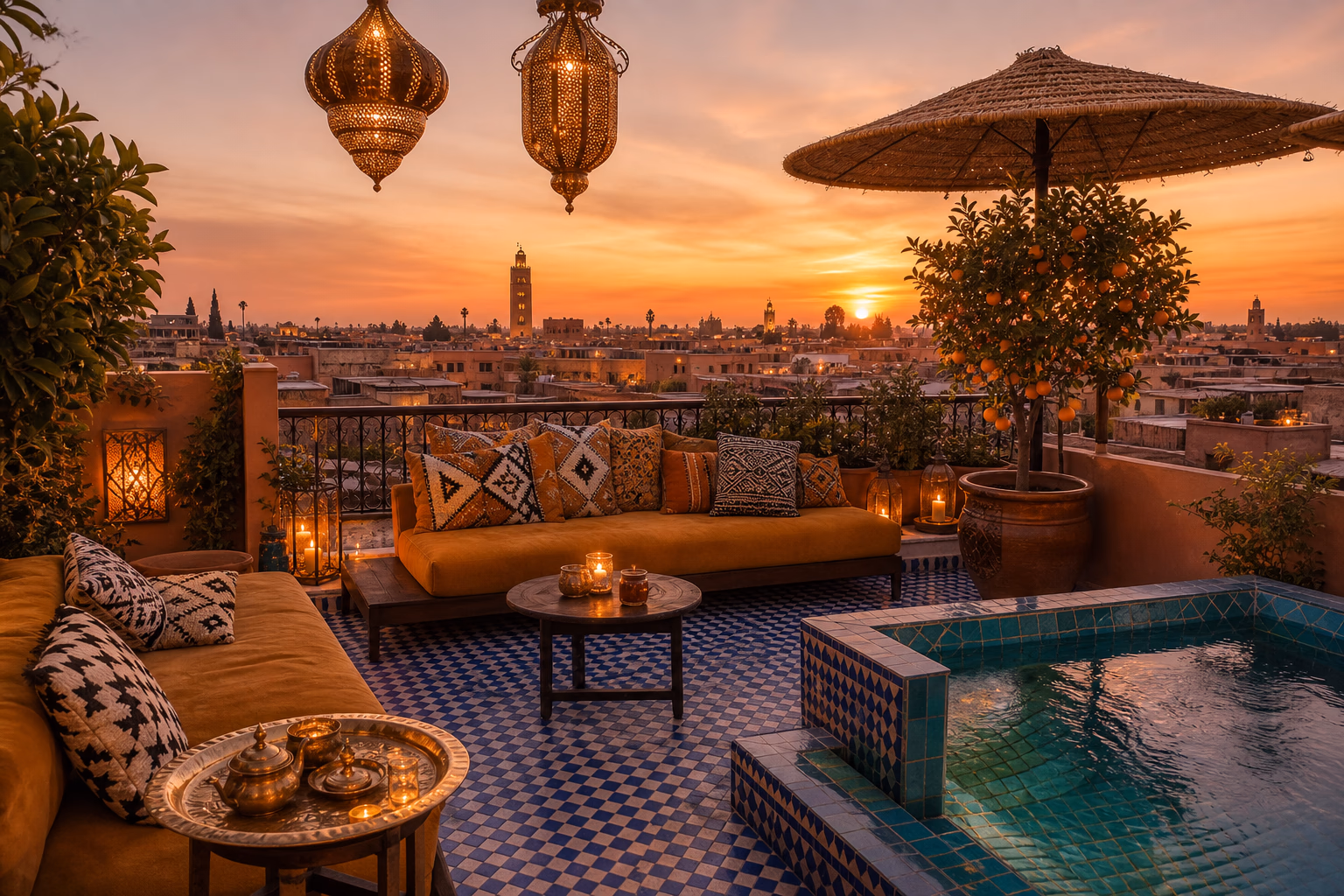 Rooftop de riad au coucher du soleil avec vue sur la médina, banquettes en velours et plongeoir mosaïque